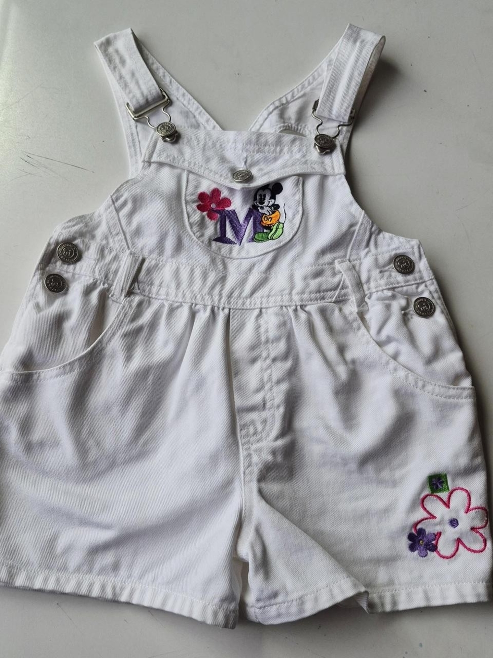 White Kids' Short Overalls with Embroidered Character and Flowers